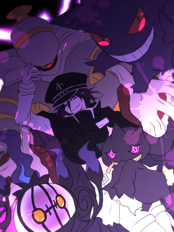 oma kokichi, gengar, chandelure, banette, and dusknoir (pokemon and 2 more) drawn by negi_(ngng_9)