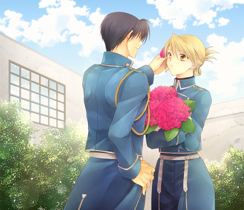 riza hawkeye and roy mustang (fullmetal alchemist) drawn by takafuji_yuna