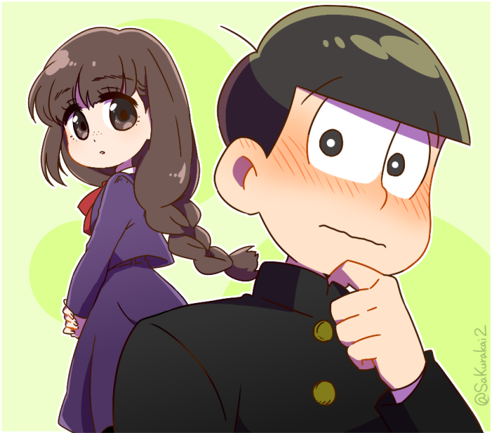 matsuno jyushimatsu and jyushimatsu's girlfriend (osomatsu and 2 more) drawn by kozakura_(i_s_15)