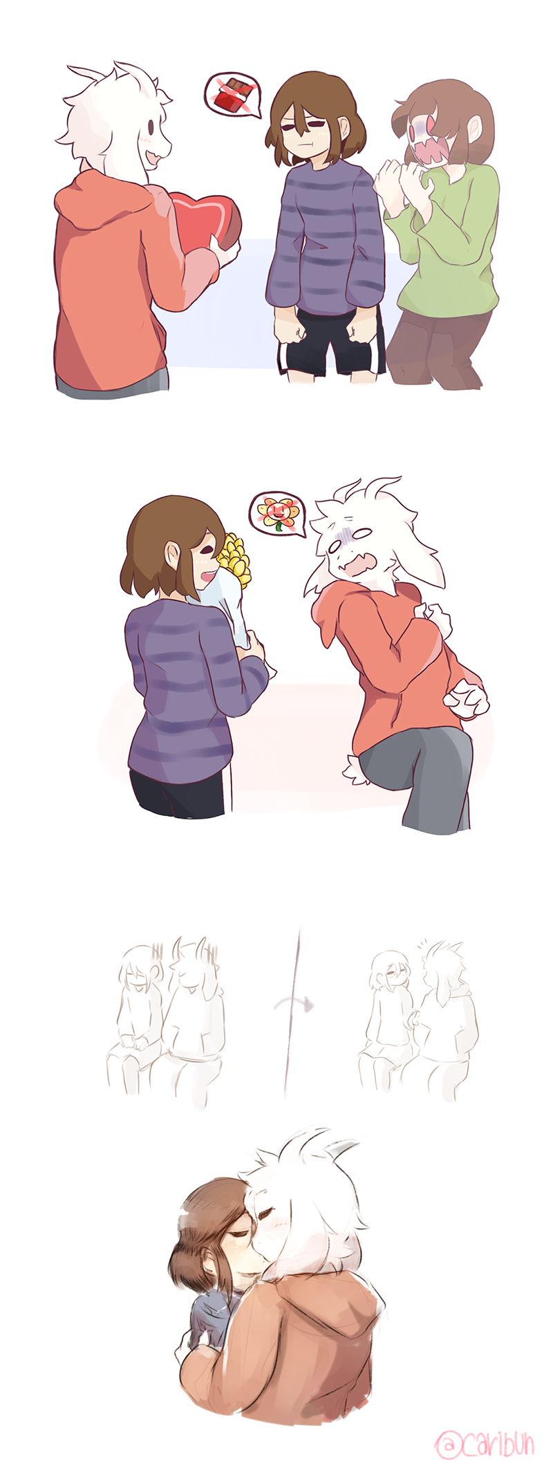frisk, chara, asriel dreemurr, and flowey (undertale) drawn by caribun