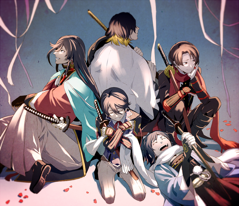 kashuu kiyomitsu, yamato-no-kami yasusada, izumi-no-kami kanesada, horikawa kunihiro, and nagasone kotetsu (touken ranbu) drawn by t_k_g