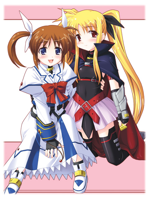 fate testarossa, takamachi nanoha, raising heart, and bardiche (lyrical nanoha and 2 more) drawn by kariga