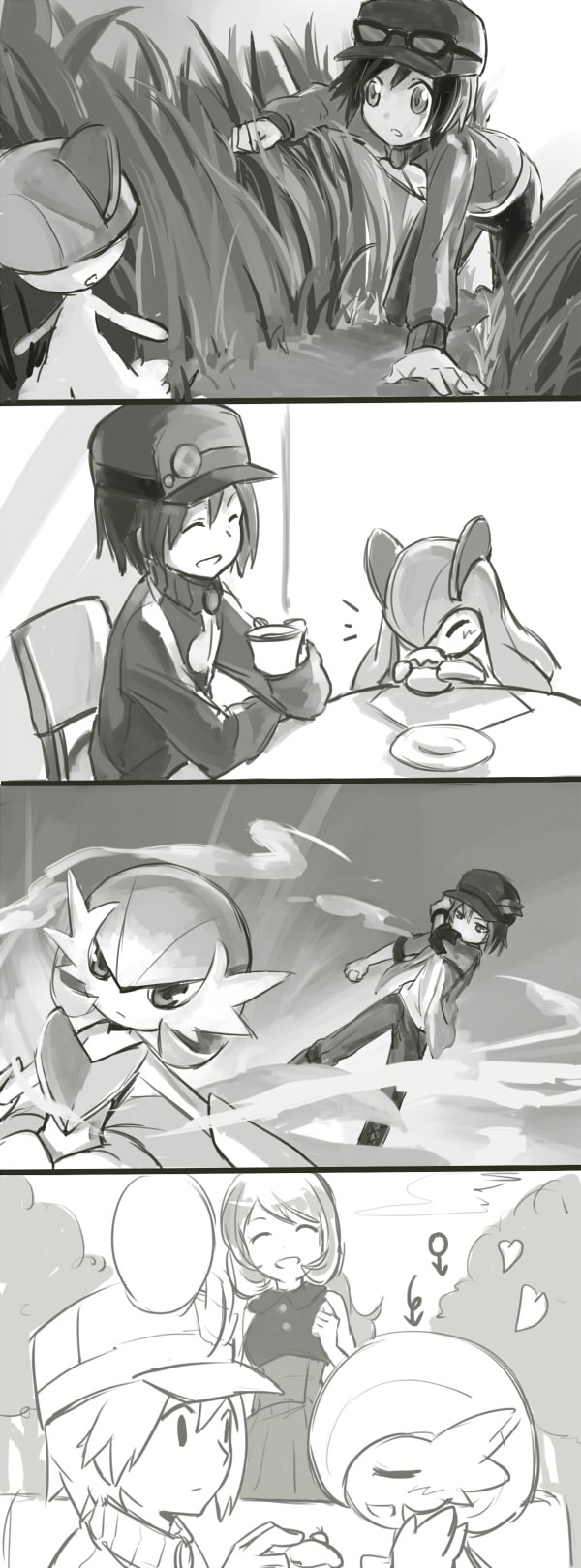 gardevoir, serena, mega gardevoir, kirlia, calem, and 1 more (pokemon and 1 more) drawn by shiro_q~