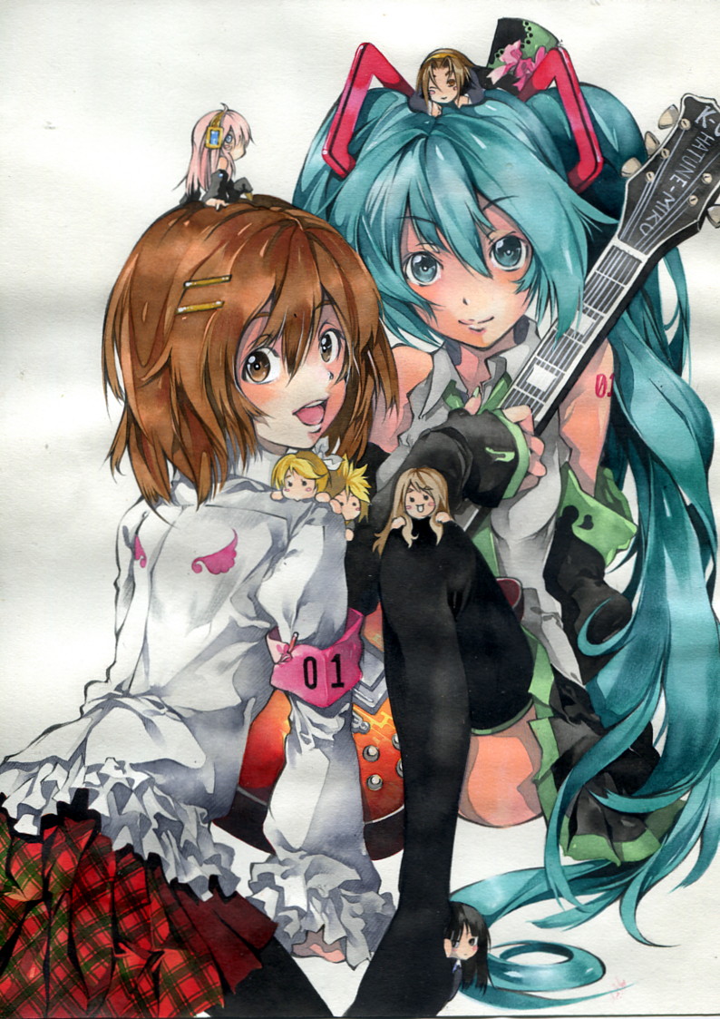 hatsune miku, kagamine rin, kagamine len, megurine luka, akiyama mio, and 3 more (vocaloid and 1 more) drawn by issun_boushi_(ilmtkimoti)