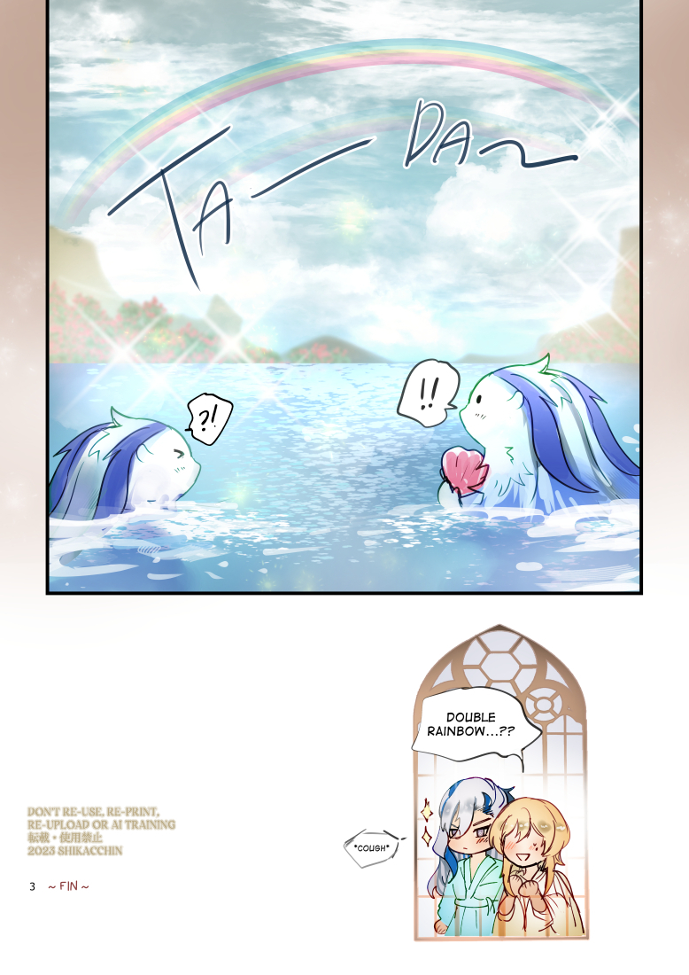 lumine, neuvillette, and leisurely otter (genshin impact) drawn by shikacchin