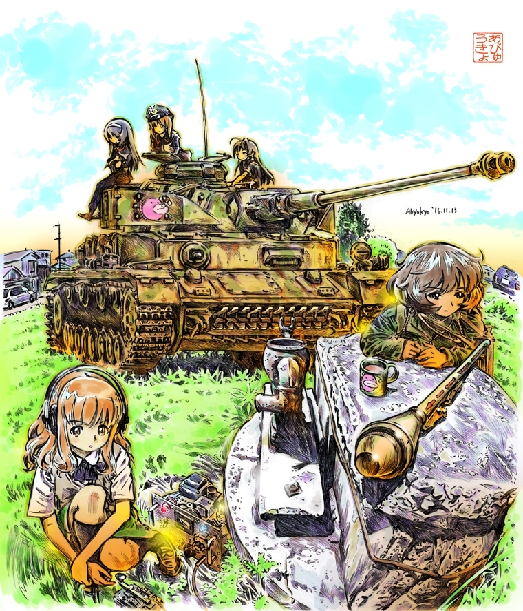 nishizumi miho, akiyama yukari, takebe saori, reizei mako, and isuzu hana (girls und panzer) drawn by abyuukyo_(abyukyo)