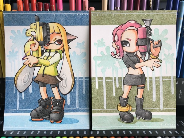 inkling player character, inkling girl, octoling player character, octoling girl, agent 8, and 1 more (splatoon and 1 more) drawn by sirokoucha