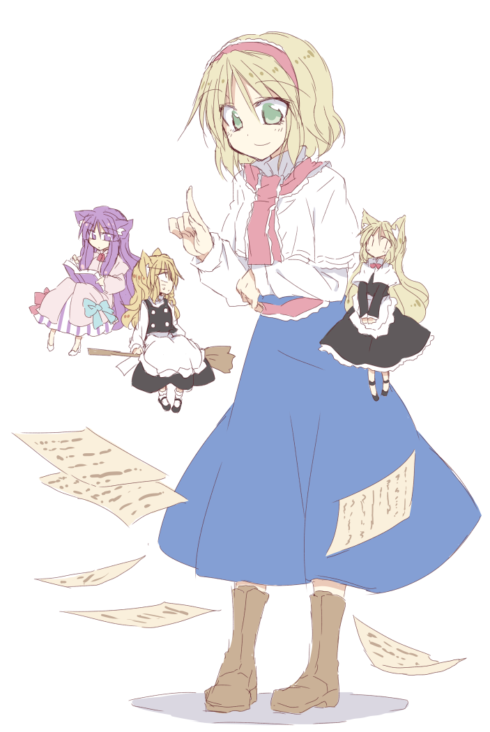 kirisame marisa, alice margatroid, patchouli knowledge, and shanghai doll (touhou) drawn by satou_kibi