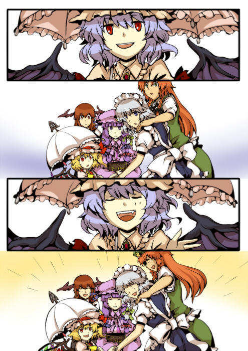 remilia scarlet, flandre scarlet, izayoi sakuya, patchouli knowledge, hong meiling, and 1 more (touhou) drawn by yagimiwa
