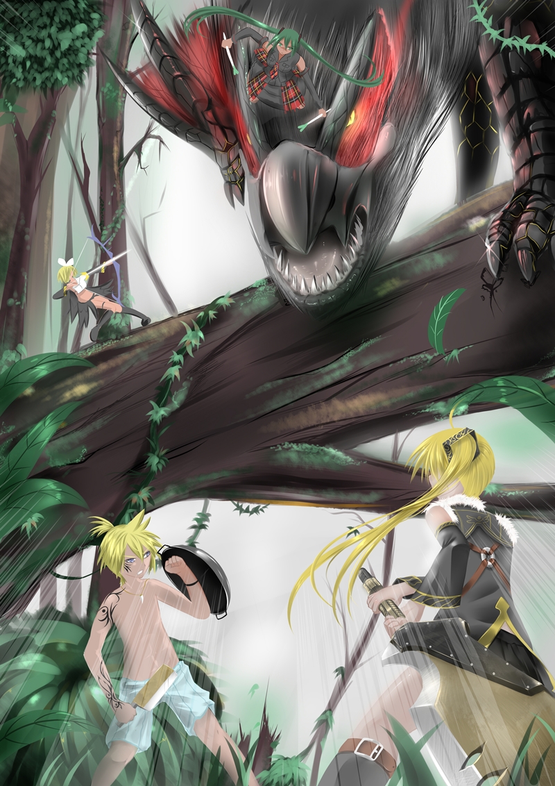 hatsune miku, kagamine rin, kagamine len, akita neru, and nargacuga (vocaloid and 1 more) drawn by catstudioinc_(punepuni)
