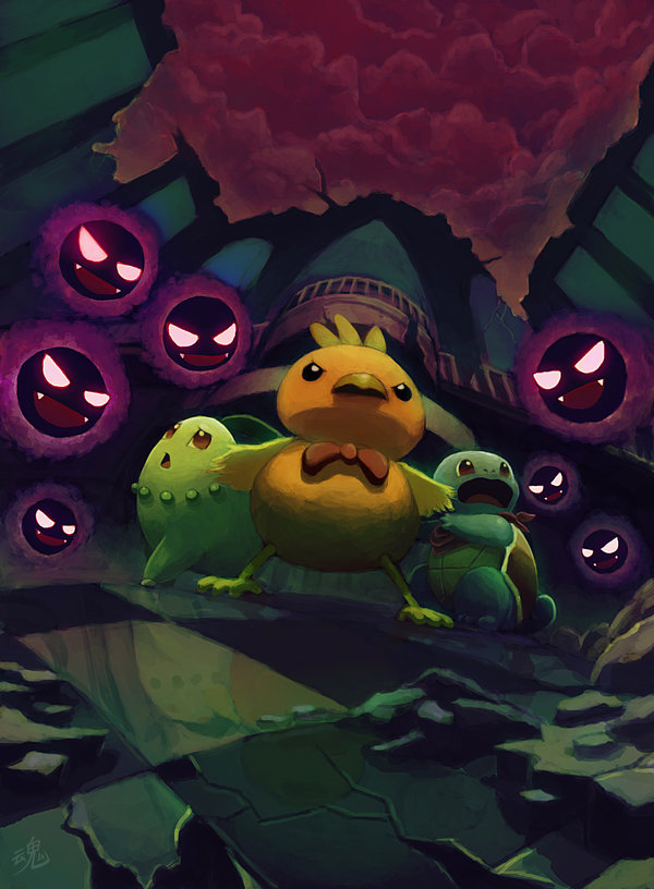 squirtle, torchic, chikorita, and gastly (pokemon and 1 more) drawn by ry-spirit