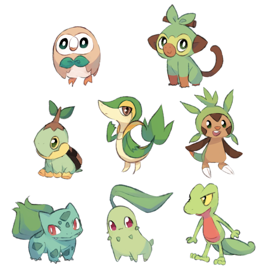 rowlet, bulbasaur, snivy, chikorita, grookey, and 3 more (pokemon) drawn by charamells