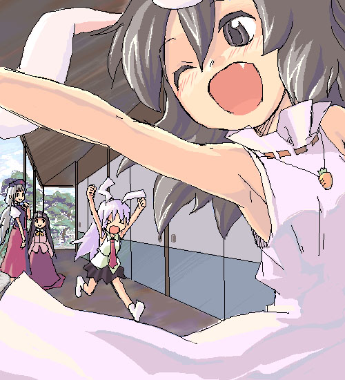 reisen udongein inaba, houraisan kaguya, inaba tewi, and yagokoro eirin (touhou) drawn by nametake