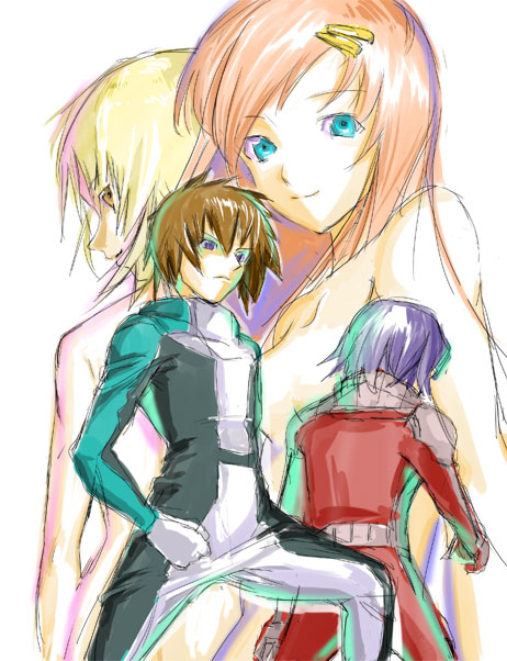 cagalli yula athha, athrun zala, lacus clyne, and kira yamato (gundam and 1 more) drawn by satou_tomohiro