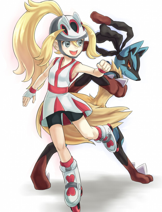 lucario, korrina, and mega lucario (pokemon and 1 more) drawn by arigato_(rmskrtkdlqj)