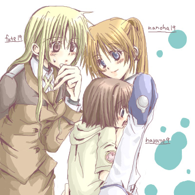 fate testarossa, takamachi nanoha, and yagami hayate (lyrical nanoha and 2 more) drawn by aihara_(keitora)
