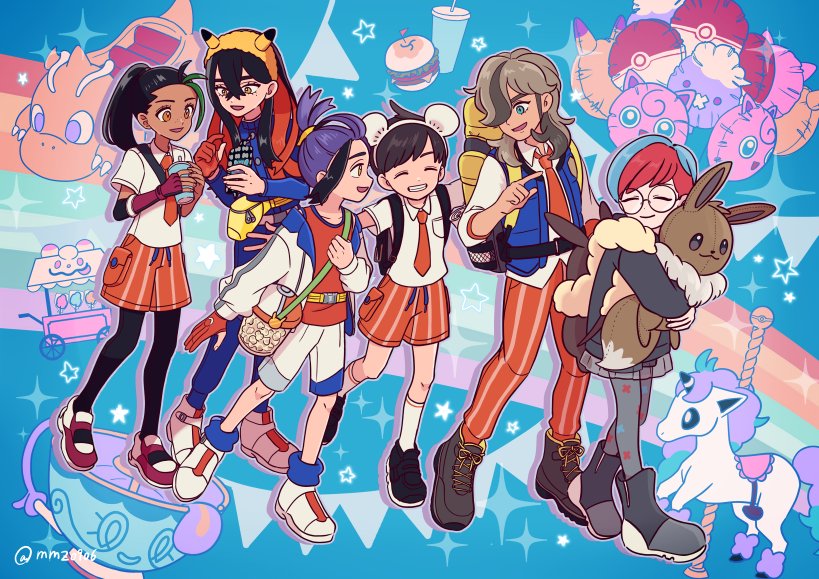 eevee, kieran, rotom, rotom phone, carmine, and 9 more (pokemon and 1 more) drawn by sakuramochi0906