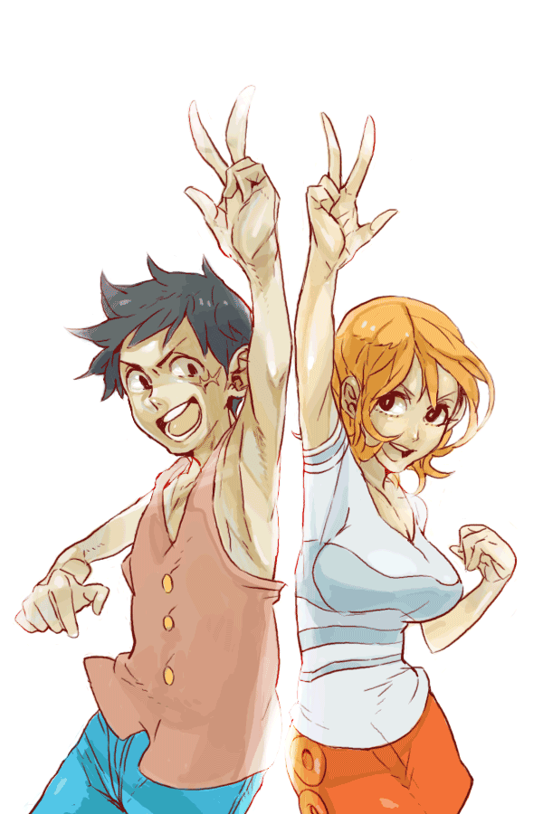 nami and monkey d. luffy (one piece) drawn by koko_(coco_-_coco)
