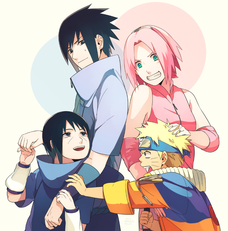 haruno sakura, uzumaki naruto, uchiha sasuke, and uchiha itachi (naruto) drawn by oba-min