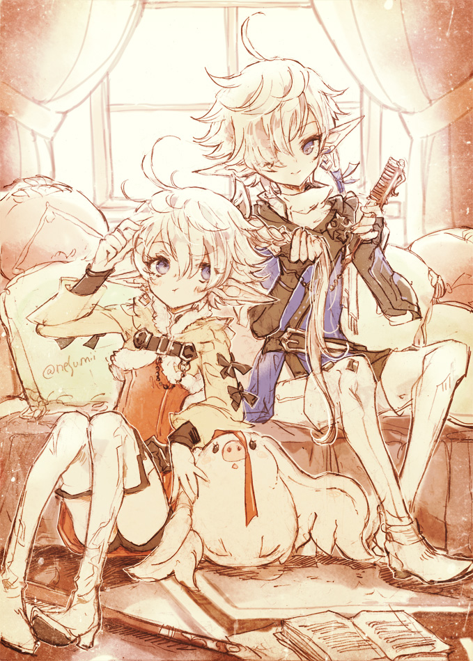 alisaie leveilleur, alphinaud leveilleur, and porxie (final fantasy and 1 more) drawn by nesu_(nsm888)