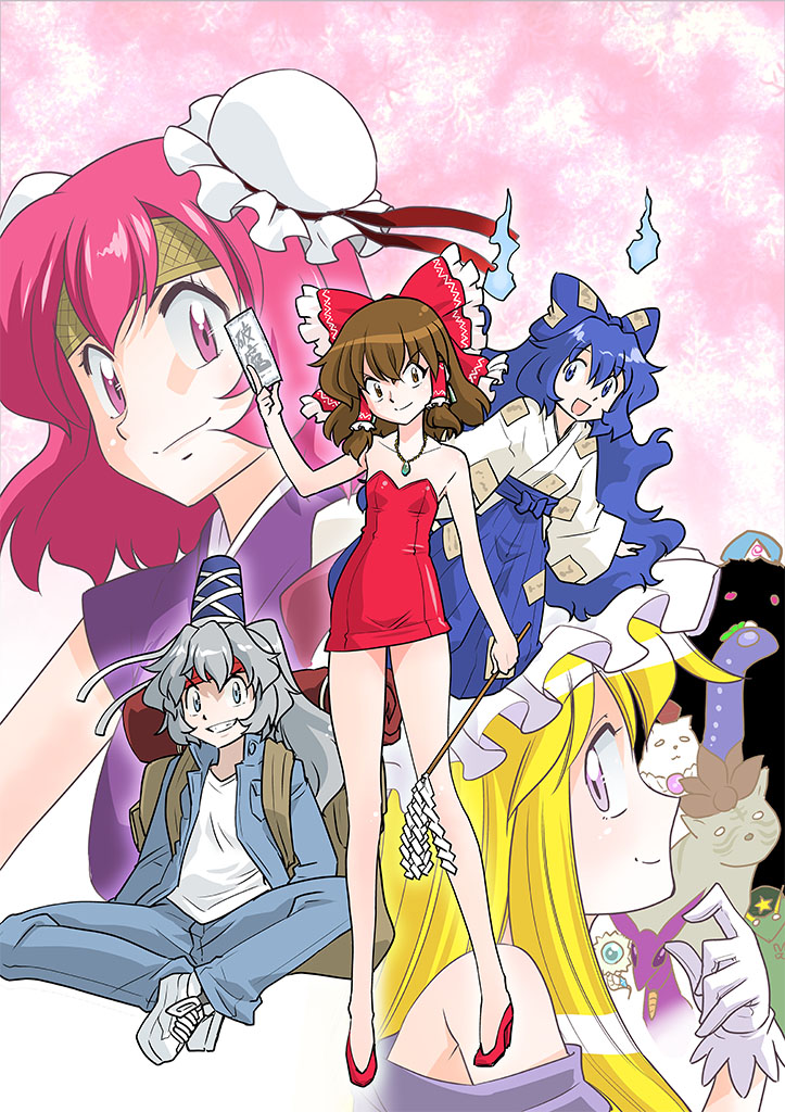 hakurei reimu, kochiya sanae, yakumo yukari, hong meiling, saigyouji yuyuko, and 6 more (touhou and 1 more) drawn by mizuki_hitoshi