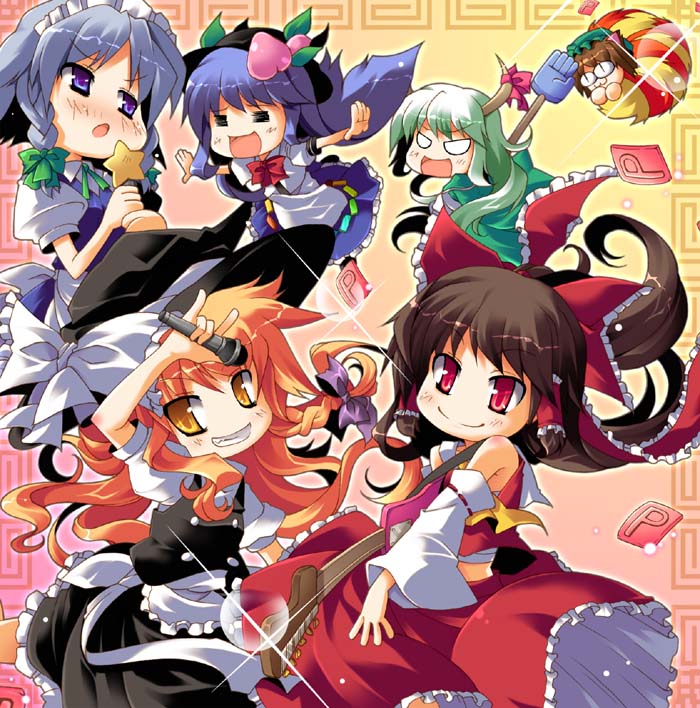 hakurei reimu, kirisame marisa, izayoi sakuya, chen, kamishirasawa keine, and 2 more (touhou) drawn by utsurogi_angu