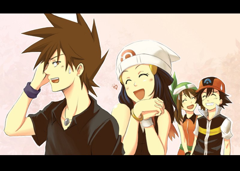 dawn, may, ash ketchum, and gary oak (pokemon and 1 more) drawn by r-sraven
