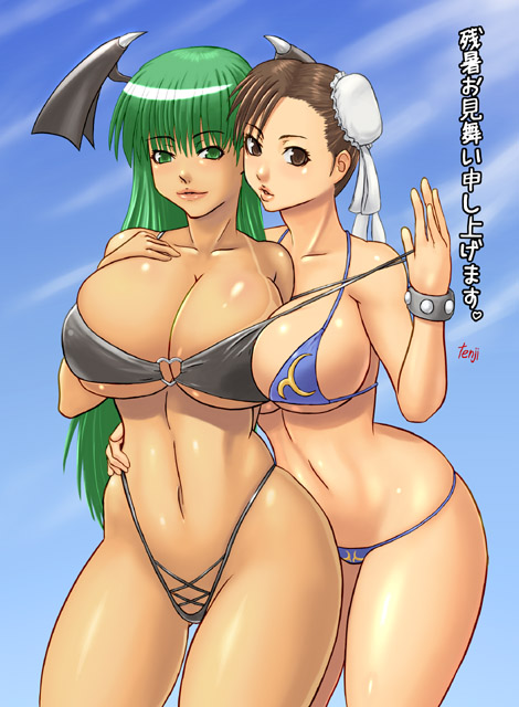 chun-li and morrigan aensland (street fighter and 1 more) drawn by tenji