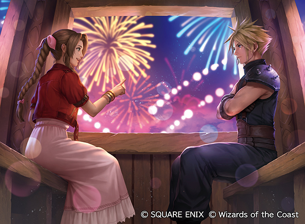 cloud strife and aerith gainsborough (final fantasy and 5 more) drawn by fuji_q
