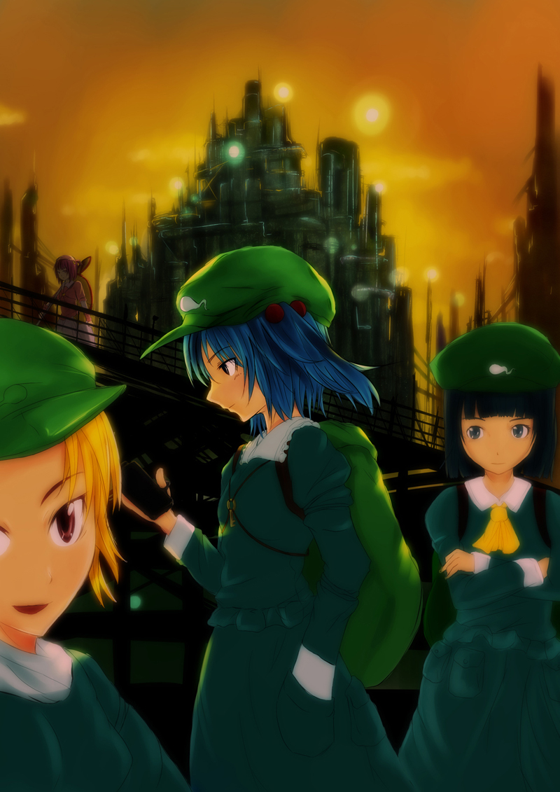 kawashiro nitori, kappa mob, kawashiro mitori, and dark haired kappa (original and 1 more) drawn by nirui