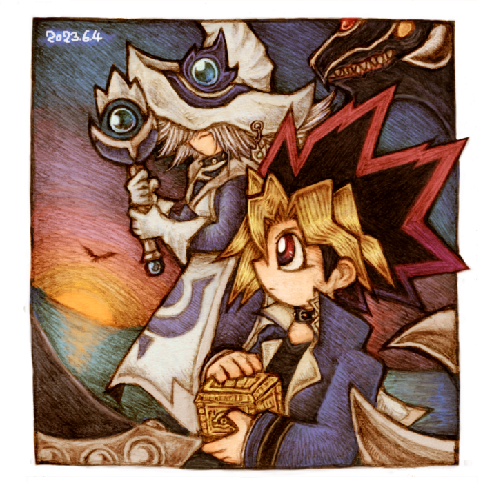 muto yugi, silent magician, gandora the dragon of destruction, and gold sarcophagus (yu-gi-oh!) drawn by mokyu-mokyu