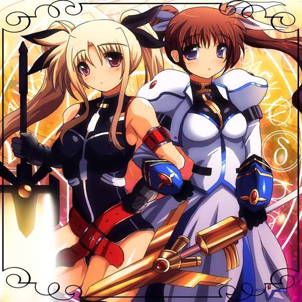 fate testarossa, takamachi nanoha, raising heart, and bardiche (lyrical nanoha and 1 more) drawn by fukudori