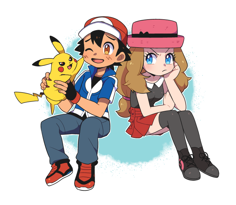 pikachu, ash ketchum, and serena (pokemon and 1 more) drawn by moyori
