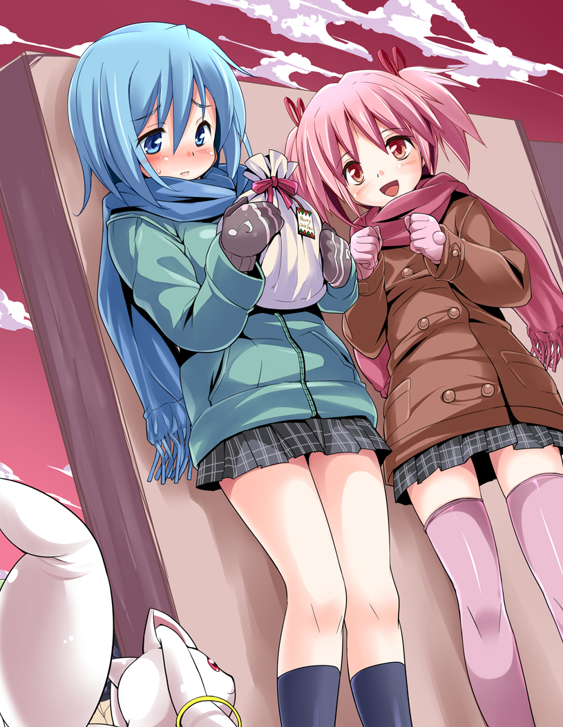 kaname madoka, miki sayaka, and kyubey (mahou shoujo madoka magica) drawn by endou_masatoshi
