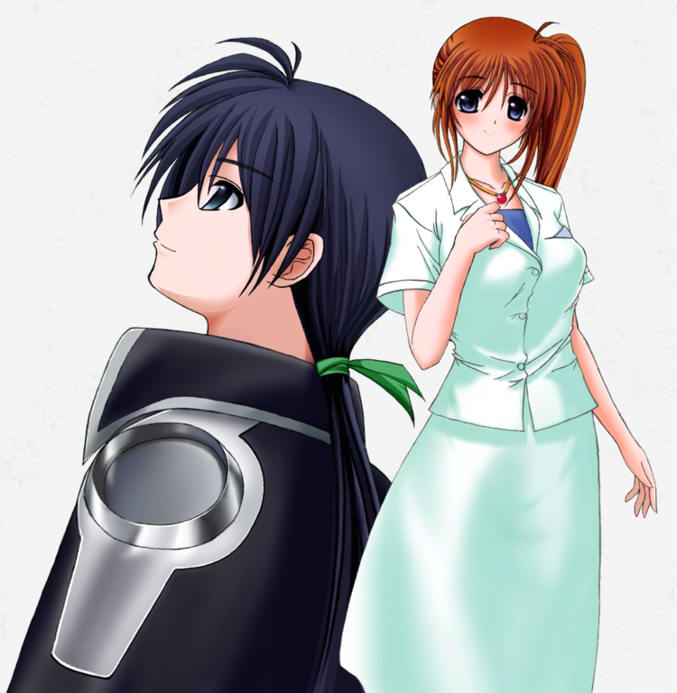 takamachi nanoha, raising heart, and chrono harlaown (lyrical nanoha and 4 more) drawn by sanarii