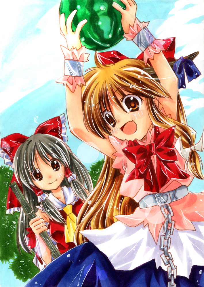 hakurei reimu and ibuki suika (touhou) drawn by imoko.