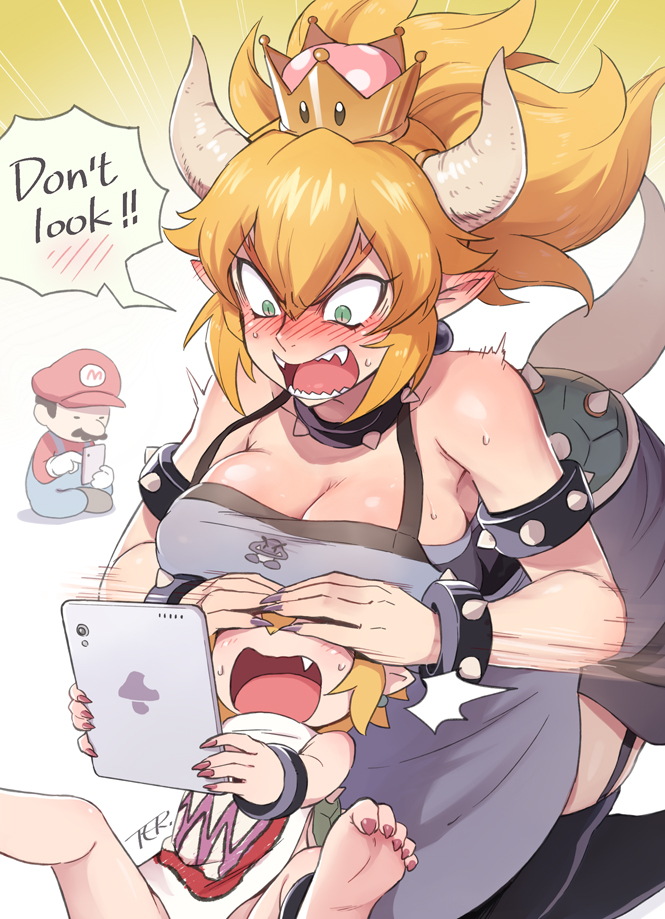 mario, bowsette, goomba, and bowsette jr. (mario and 1 more) drawn by ter_(otokoter)