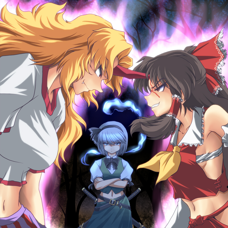 hakurei reimu, konpaku youmu, and hoshiguma yuugi (touhou) drawn by wancozow