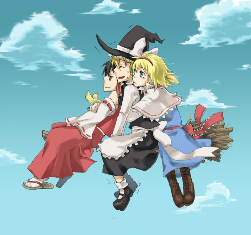 hakurei reimu, kirisame marisa, and alice margatroid (touhou) drawn by kuroda_(nanchara_flight)