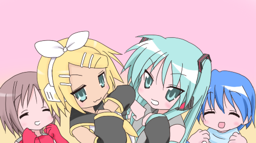 hatsune miku, kagamine rin, kaito, and meiko (vocaloid and 1 more) drawn by iyukickss