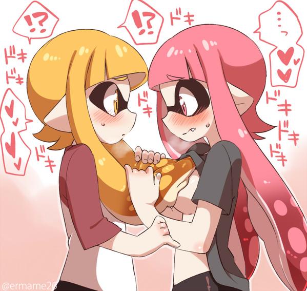 inkling player character and inkling girl (splatoon and 1 more) drawn by eromame