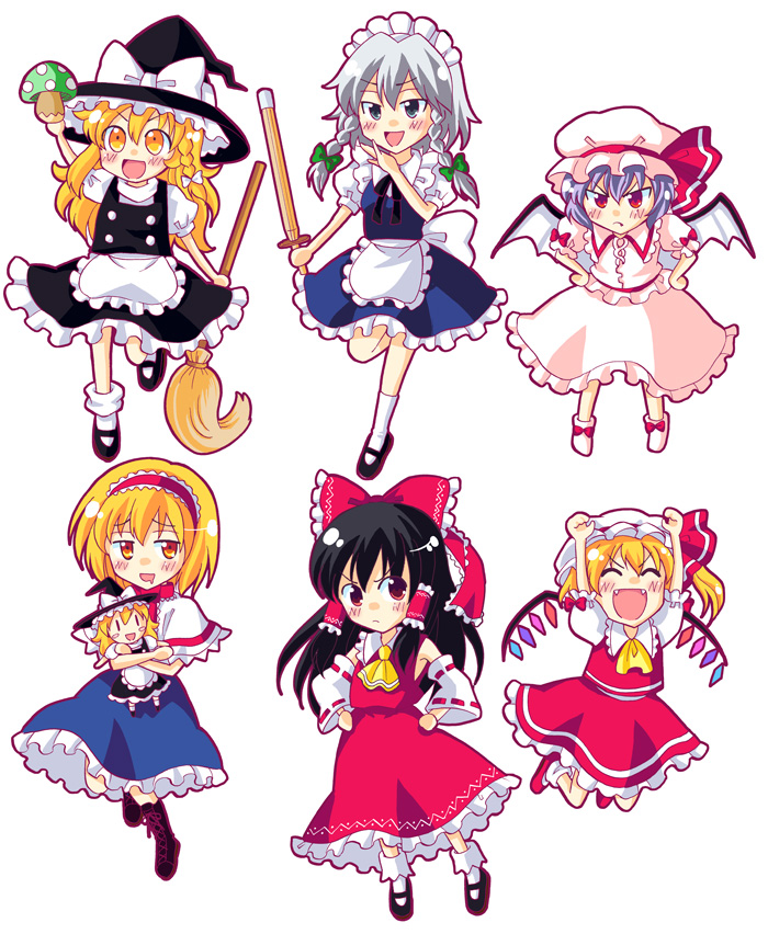 hakurei reimu, kirisame marisa, remilia scarlet, flandre scarlet, izayoi sakuya, and 1 more (touhou) drawn by sakurai_makoto_(custom_size)