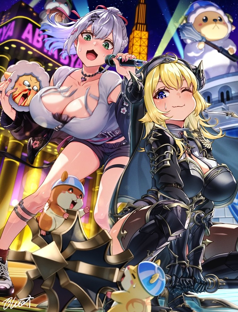 shirogane noel, tsunomaki watame, watamate, and dan'in-san (hololive) drawn by buru-dai