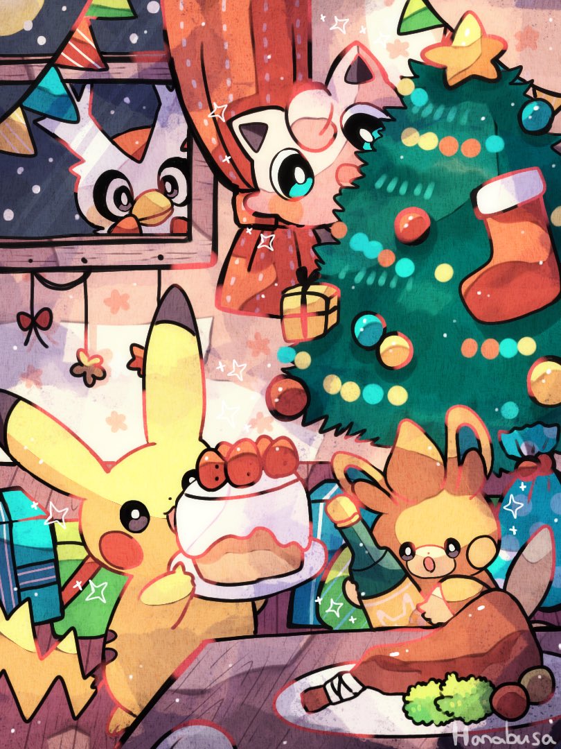 pikachu, jigglypuff, pawmi, and delibird (pokemon) drawn by hanabusaoekaki
