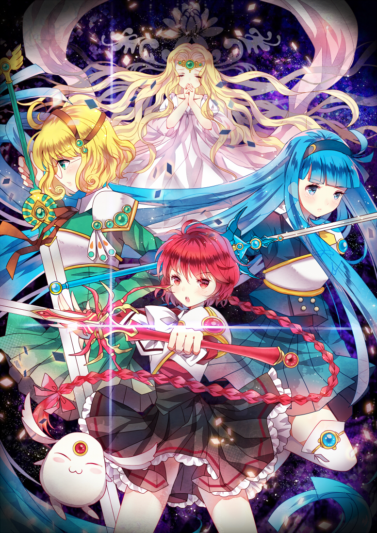 shidou hikaru, ryuuzaki umi, hououji fuu, mokona, and emeraude (magic knight rayearth) drawn by domotolain