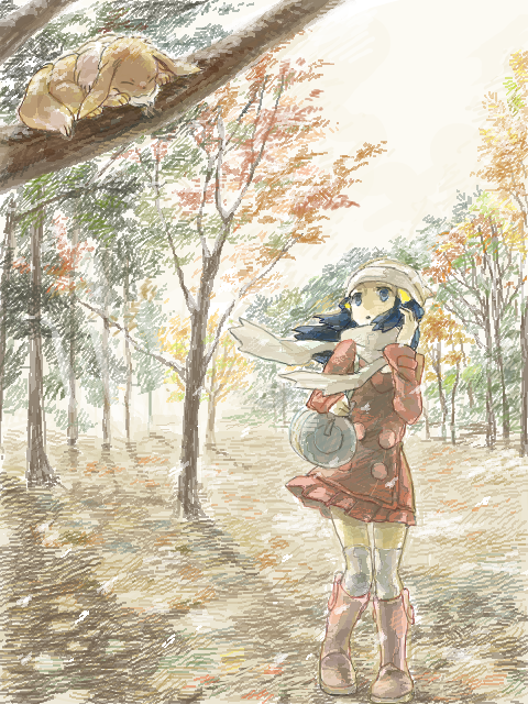 dawn and eevee (pokemon and 2 more) drawn by akesuke_(ki-ko-ri)