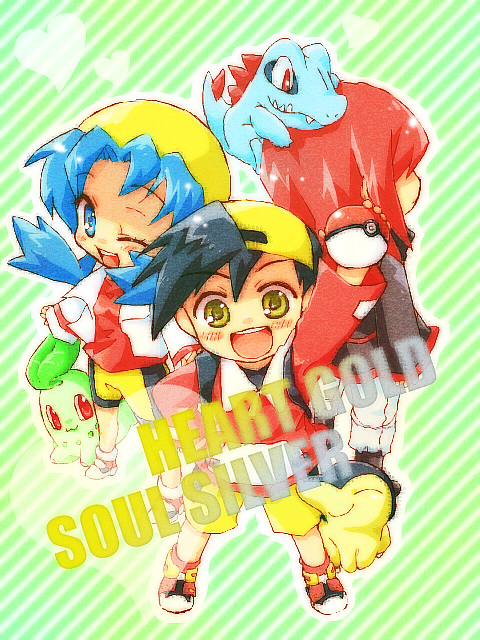 ethan, silver, kris, cyndaquil, chikorita, and 1 more (pokemon and 1 more) drawn by fuyu_(pixiv44308)