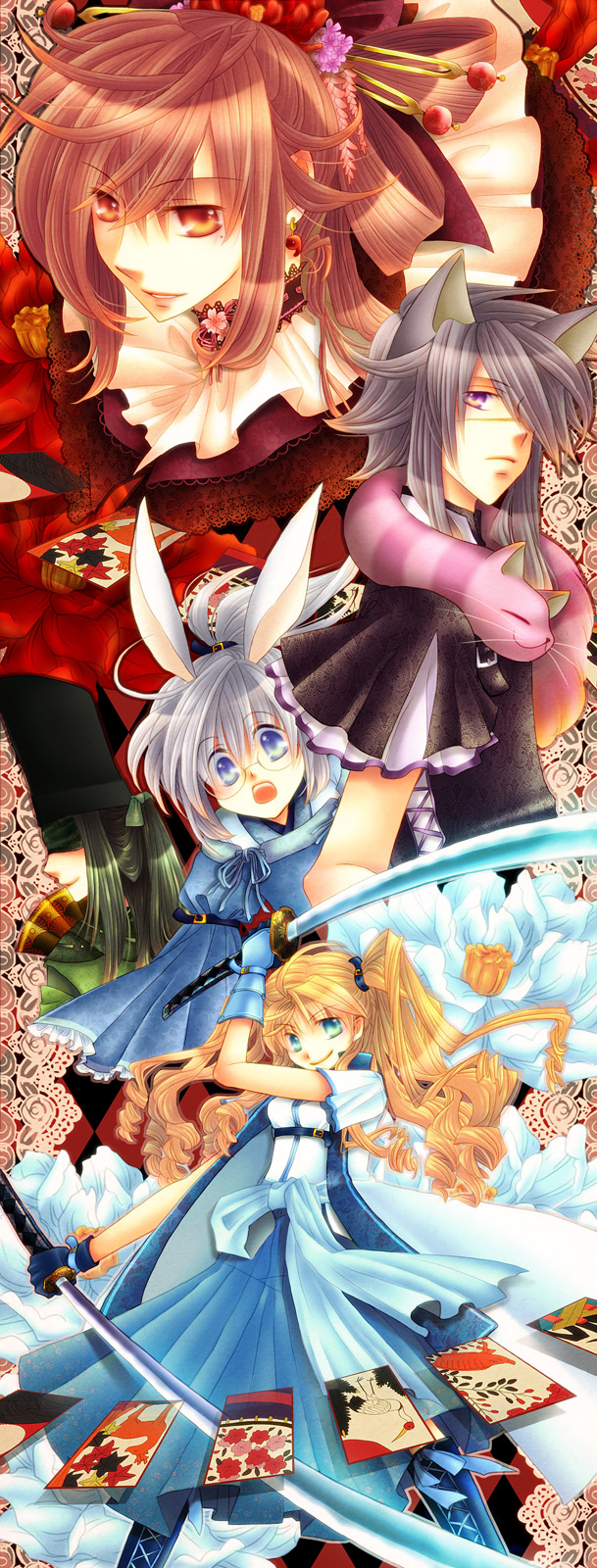 alice, white rabbit, cheshire cat, and mad hatter (original and 1 more) drawn by narita_chika