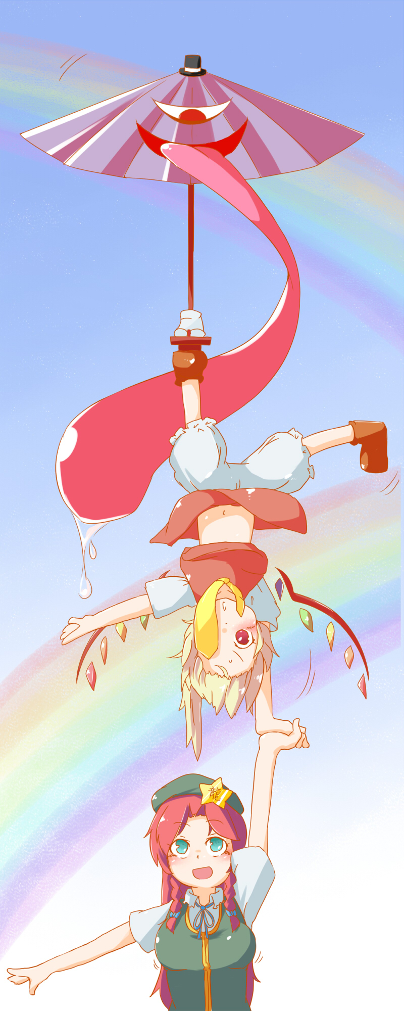 flandre scarlet, hong meiling, and tatara kogasa (touhou) drawn by bacho