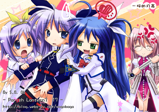 fate testarossa, takamachi nanoha, hiiragi kagami, izumi konata, hiiragi tsukasa, and 3 more (lyrical nanoha and 3 more) drawn by sogobaga